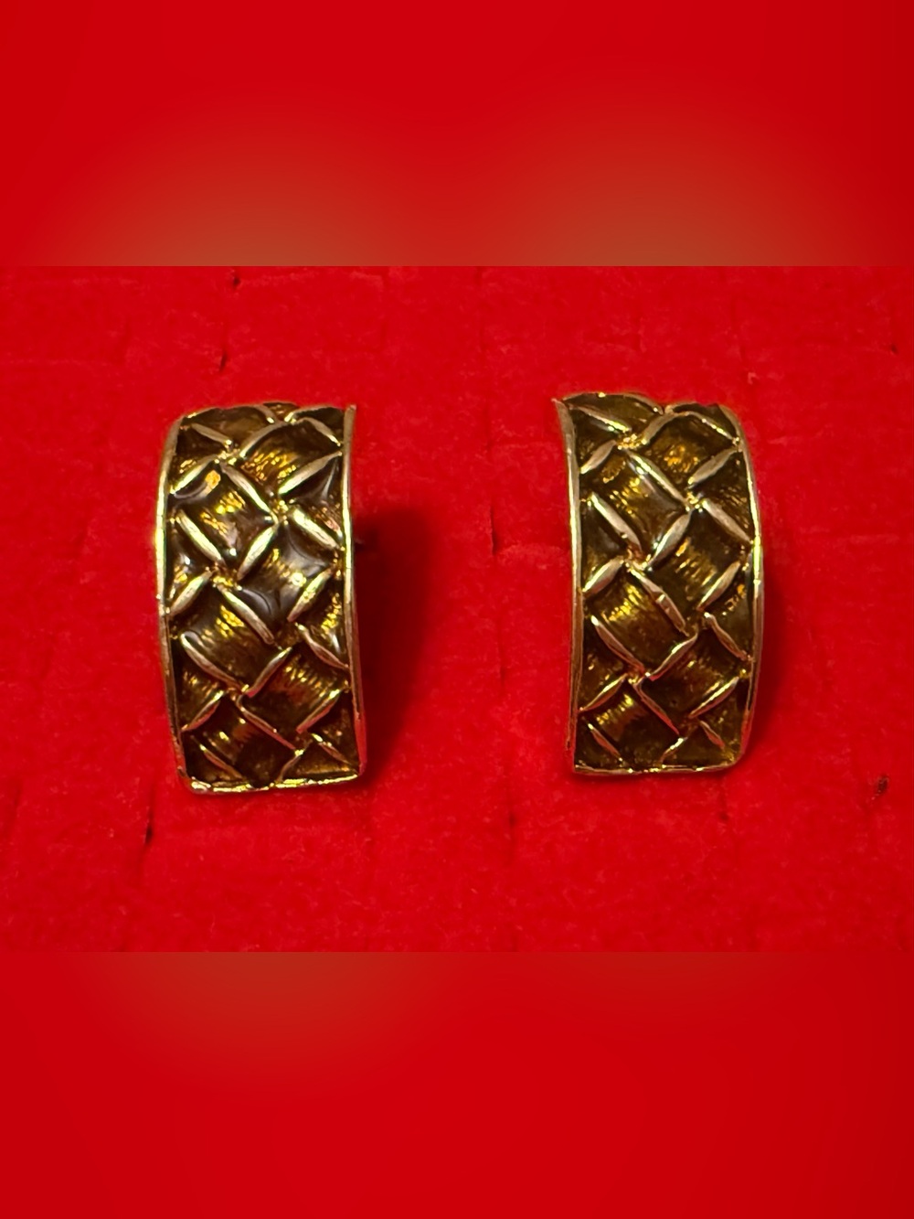 Vintage  Large Enamel Gold Woven-Pattern Hoop Earrings